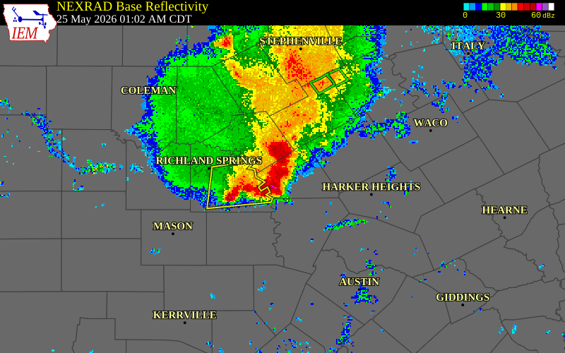 NEXRAD radar during the Monday, May 25, 2026 storm activity in Lampasas County, Texas