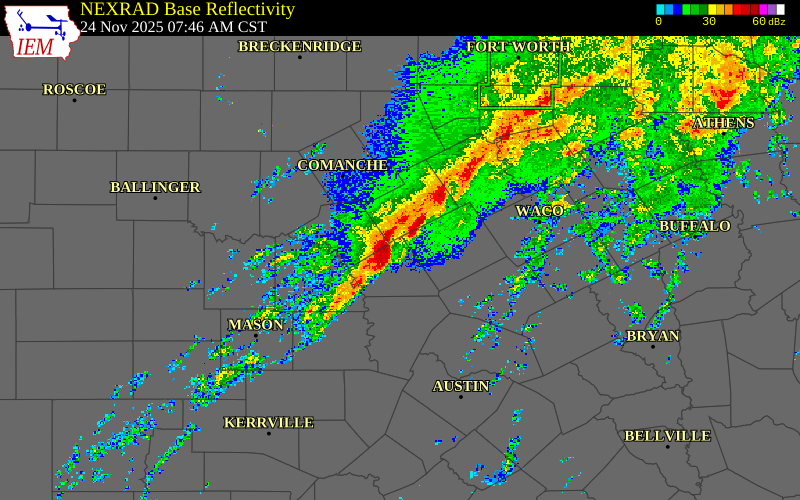 Radar snapshot during the Nov 24, 2025 wind event near Lampasas County, Lampasas County, Texas, with NWS warning polygons