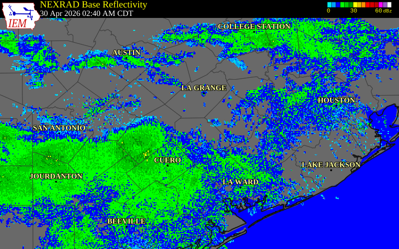 NEXRAD radar during the Thursday, April 30, 2026 storm activity in Lavaca County, Texas