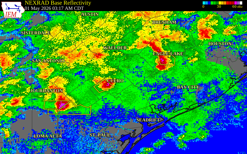 NEXRAD radar during the Friday, May 1, 2026 storm activity in Lavaca County, Texas