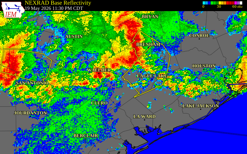 NEXRAD radar during the Tuesday, May 19, 2026 storm activity in Lavaca County, Texas
