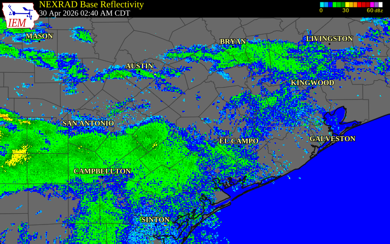 Radar snapshot during the Apr 30, 2026 hail event near 8 N Hallettsville, Lavaca County, Texas, with NWS warning polygons