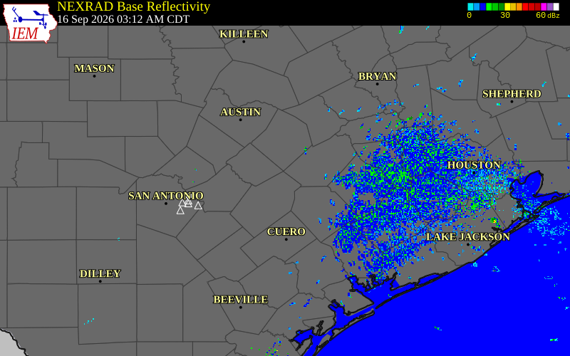 Current NEXRAD radar over Lavaca County, Texas with recent storm report locations