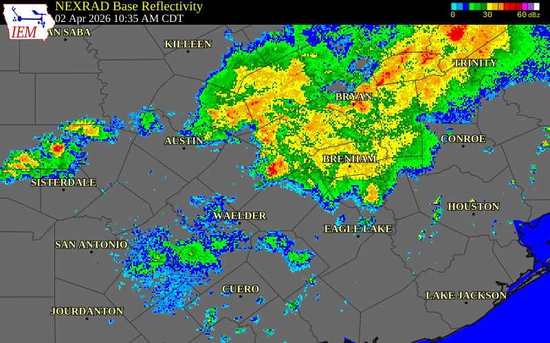 NEXRAD radar during the Thursday, April 2, 2026 storm activity in Lee County, Texas