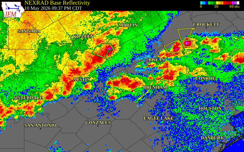 NEXRAD radar during the Sunday, May 10, 2026 storm activity in Lee County, Texas