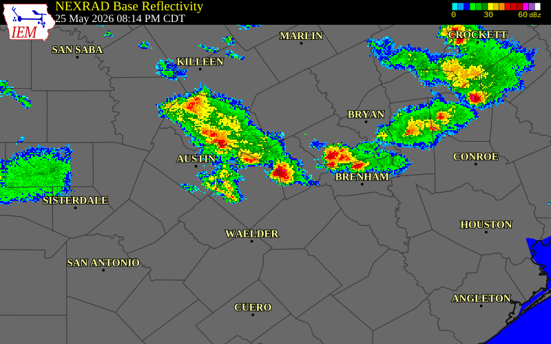 NEXRAD radar during the Monday, May 25, 2026 storm activity in Lee County, Texas