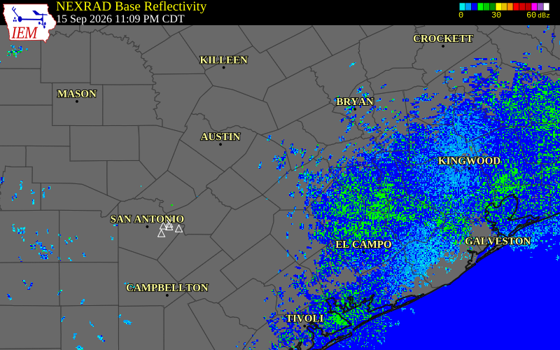 Current NEXRAD radar over Lee County, Texas with recent storm report locations