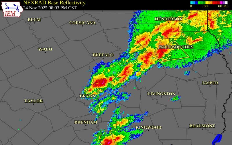NEXRAD radar during the Monday, November 24, 2025 storm activity in Leon County, Texas