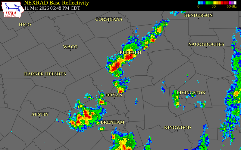 NEXRAD radar during the Wednesday, March 11, 2026 storm activity in Leon County, Texas