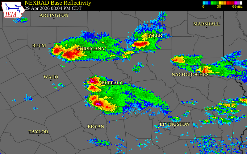 NEXRAD radar during the Wednesday, April 29, 2026 storm activity in Leon County, Texas
