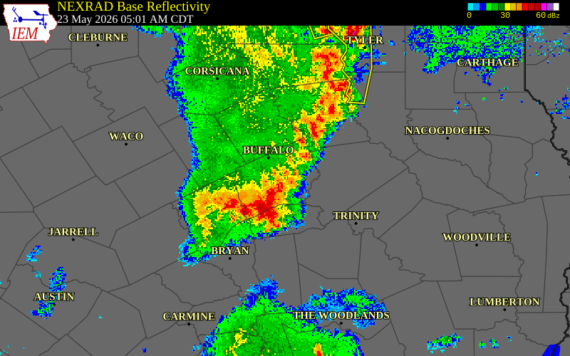 NEXRAD radar during the Saturday, May 23, 2026 storm activity in Leon County, Texas