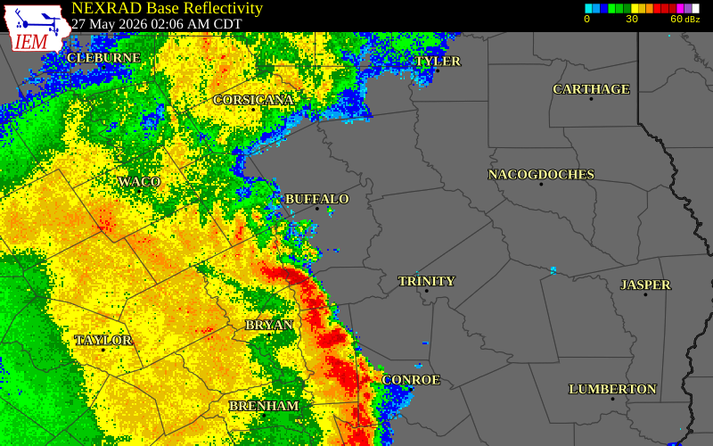 NEXRAD radar during the Wednesday, May 27, 2026 storm activity in Leon County, Texas