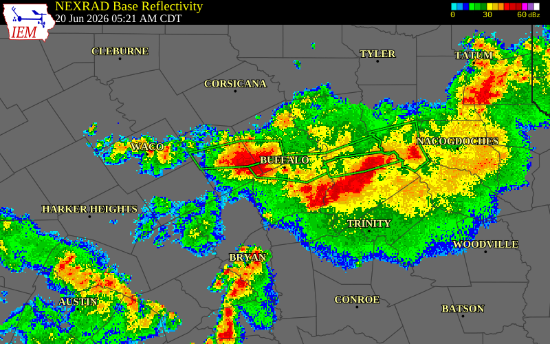 NEXRAD radar during the Saturday, June 20, 2026 storm activity in Leon County, Texas