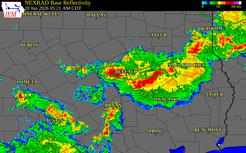 Radar snapshot during the Jun 20, 2026 wind event near Leon County, Leon County, Texas, with NWS warning polygons