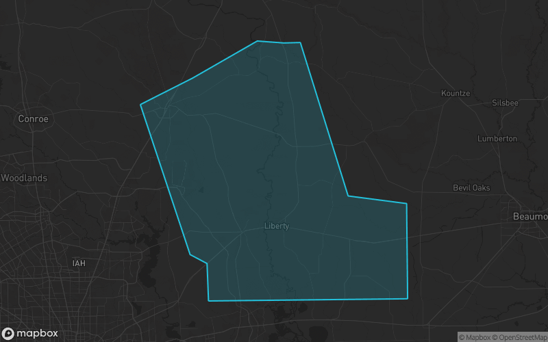 Map of Liberty County, Texas showing the county boundary and surrounding cities