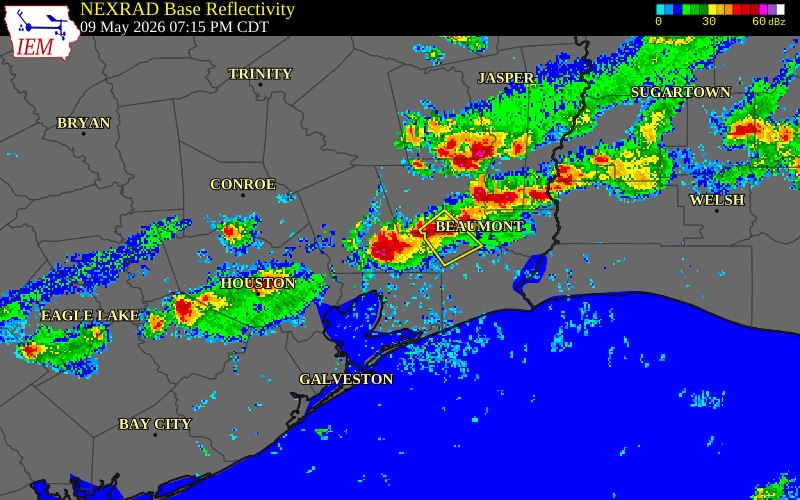 NEXRAD radar during the Saturday, May 9, 2026 storm activity in Liberty County, Texas