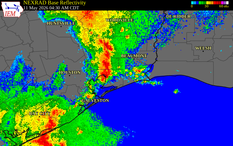NEXRAD radar during the Monday, May 11, 2026 storm activity in Liberty County, Texas