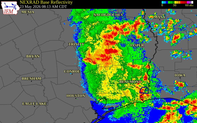 NEXRAD radar during the Saturday, May 23, 2026 storm activity in Liberty County, Texas