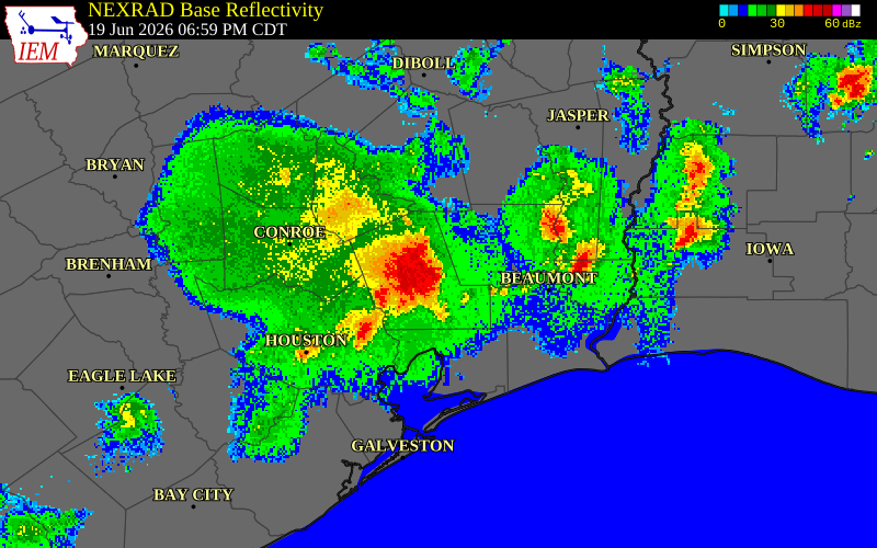 NEXRAD radar during the Friday, June 19, 2026 storm activity in Liberty County, Texas