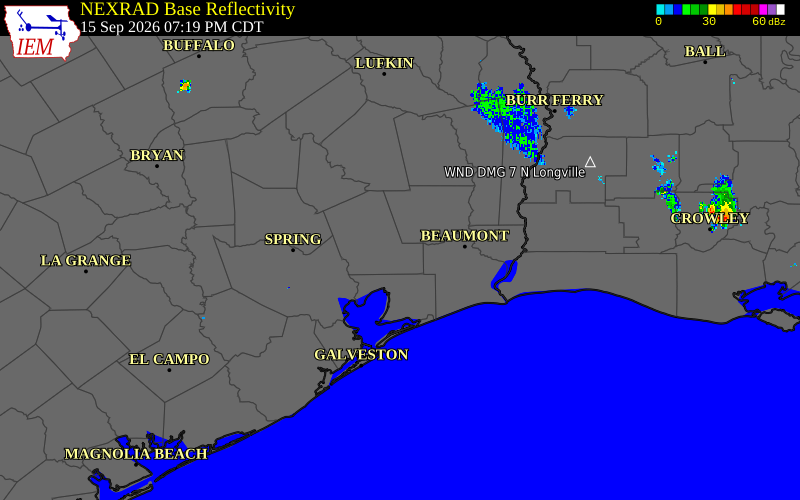 Current NEXRAD radar over Liberty County, Texas with recent storm report locations