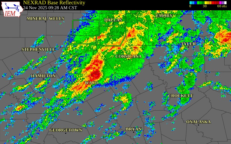 NEXRAD radar during the Monday, November 24, 2025 storm activity in Limestone County, Texas