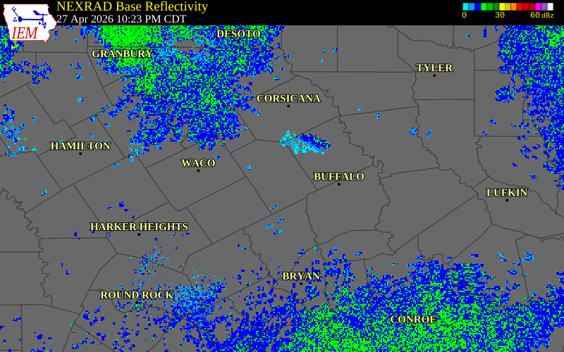 NEXRAD radar during the Monday, April 27, 2026 storm activity in Limestone County, Texas