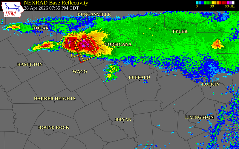 NEXRAD radar during the Tuesday, April 28, 2026 storm activity in Limestone County, Texas
