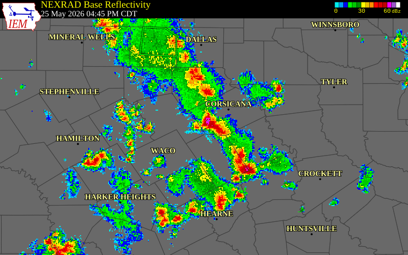 NEXRAD radar during the Monday, May 25, 2026 storm activity in Limestone County, Texas