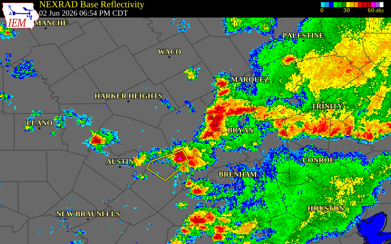 NEXRAD radar during the Tuesday, June 2, 2026 storm activity in Limestone County, Texas