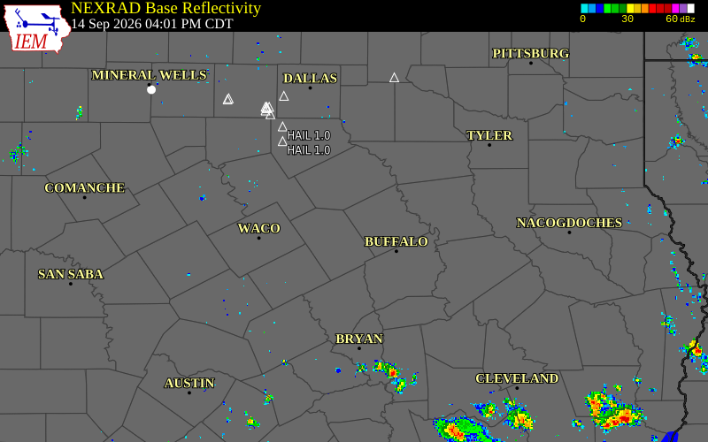 Current NEXRAD radar over Limestone County, Texas with recent storm report locations