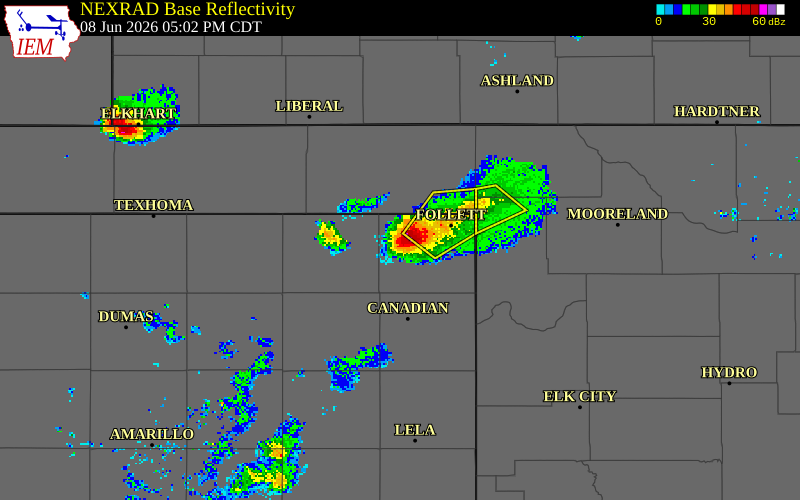 NEXRAD radar during the Monday, June 8, 2026 storm activity in Lipscomb County, Texas