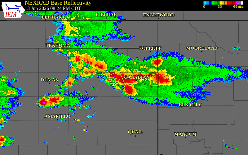 NEXRAD radar during the Saturday, June 13, 2026 storm activity in Lipscomb County, Texas