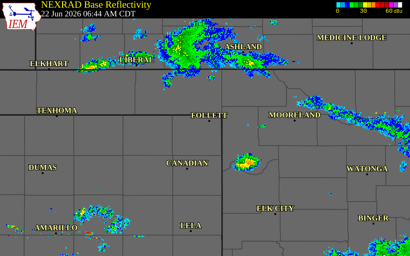 NEXRAD radar during the Monday, June 22, 2026 storm activity in Lipscomb County, Texas