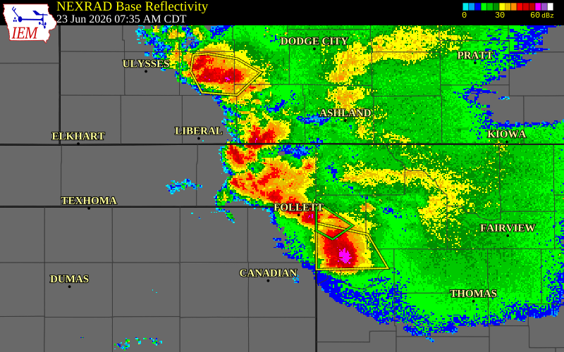 NEXRAD radar during the Tuesday, June 23, 2026 storm activity in Lipscomb County, Texas