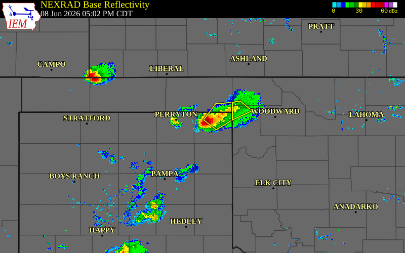 Radar snapshot during the Jun 8, 2026 tornado event near 10 WNW Lipscomb, Lipscomb County, Texas, with NWS warning polygons
