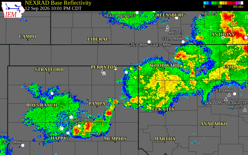 Current NEXRAD radar over Lipscomb County, Texas with recent storm report locations