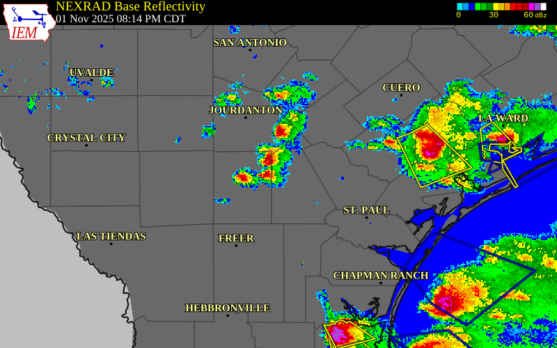 NEXRAD radar during the Saturday, November 1, 2025 storm activity in Live Oak County, Texas