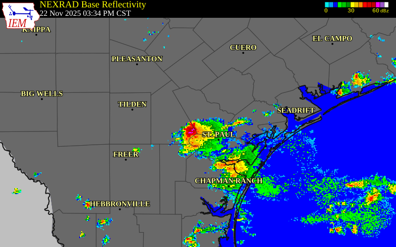 NEXRAD radar during the Saturday, November 22, 2025 storm activity in Live Oak County, Texas