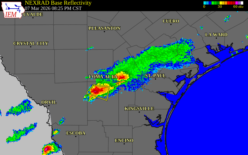 NEXRAD radar during the Saturday, March 7, 2026 storm activity in Live Oak County, Texas