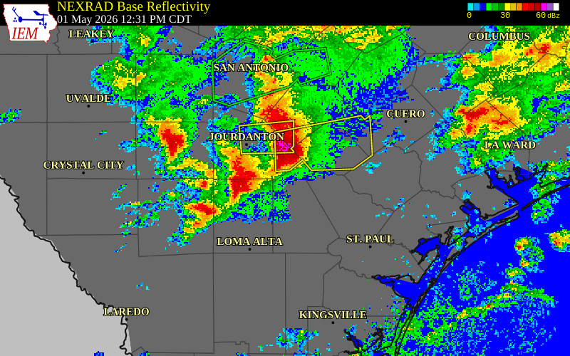NEXRAD radar during the Friday, May 1, 2026 storm activity in Live Oak County, Texas