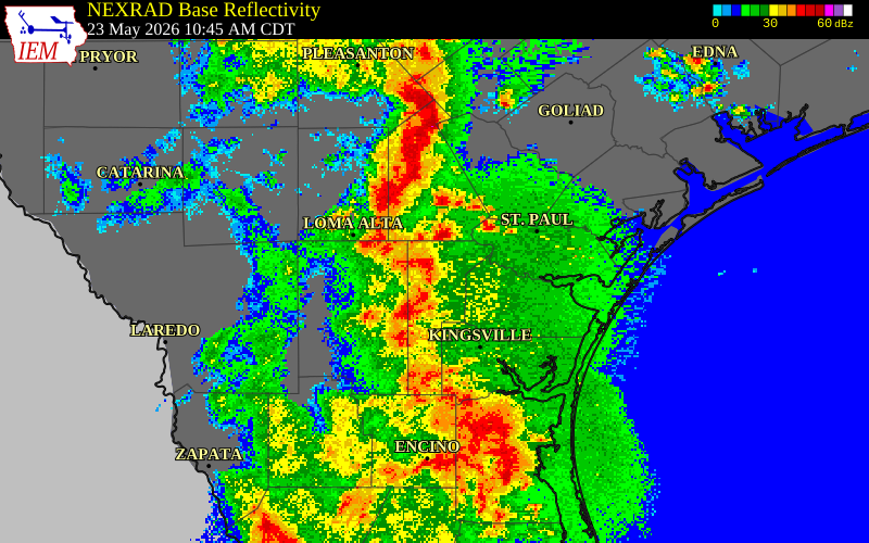 NEXRAD radar during the Saturday, May 23, 2026 storm activity in Live Oak County, Texas