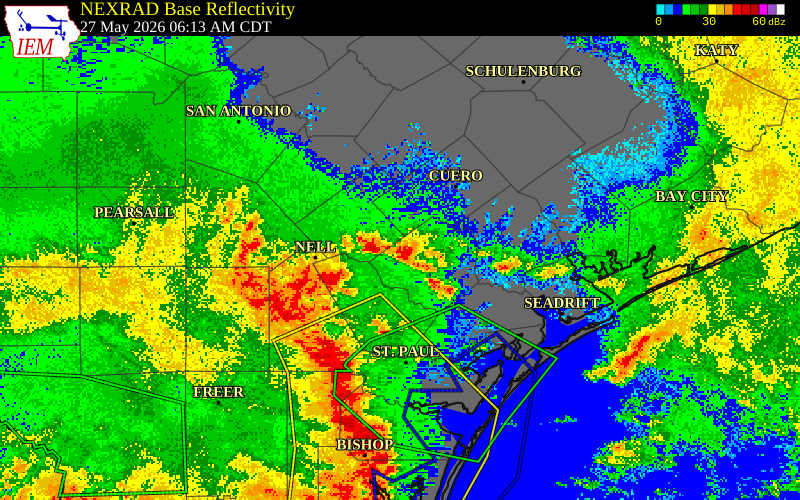 NEXRAD radar during the Wednesday, May 27, 2026 storm activity in Live Oak County, Texas