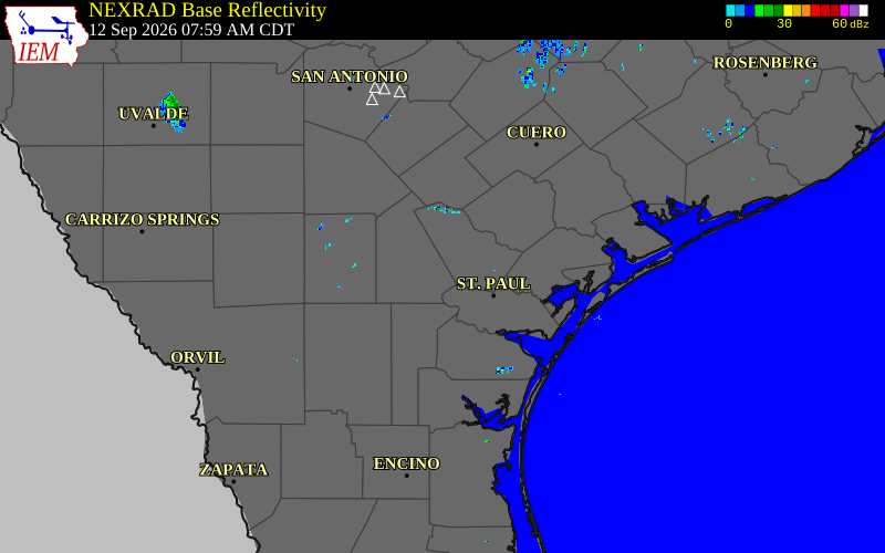 Current NEXRAD radar over Live Oak County, Texas with recent storm report locations
