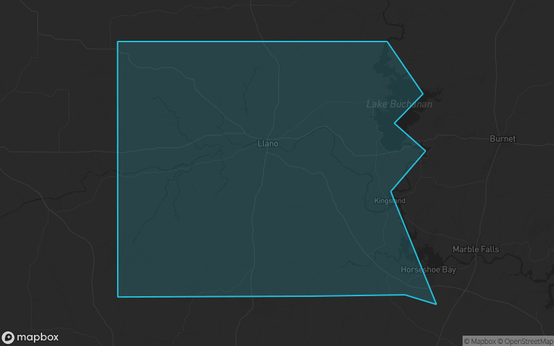 Map of Llano County, Texas showing the county boundary and surrounding cities