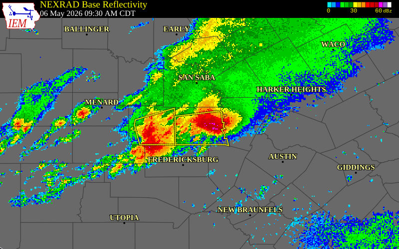 NEXRAD radar during the Wednesday, May 6, 2026 storm activity in Llano County, Texas