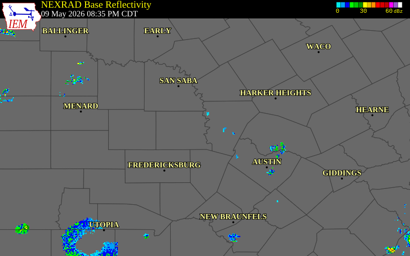 NEXRAD radar during the Saturday, May 9, 2026 storm activity in Llano County, Texas