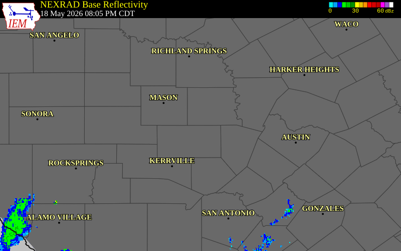 NEXRAD radar during the Monday, May 18, 2026 storm activity in Llano County, Texas