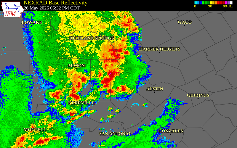 NEXRAD radar during the Tuesday, May 26, 2026 storm activity in Llano County, Texas