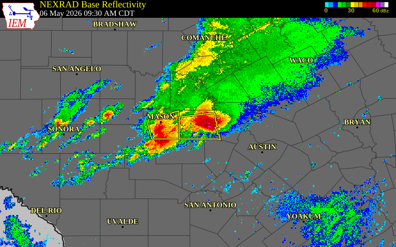 Radar snapshot during the May 6, 2026 hail event near 1 SW Llano, Llano County, Texas, with NWS warning polygons