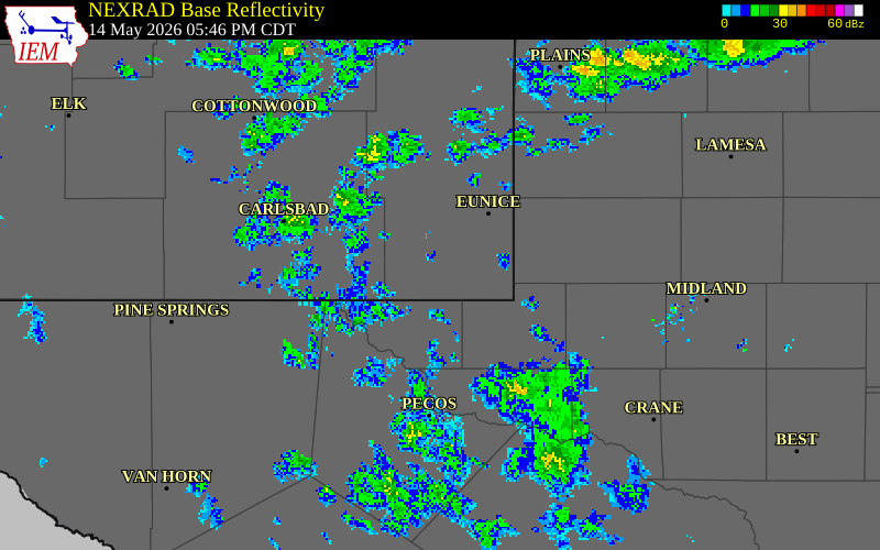NEXRAD radar during the Thursday, May 14, 2026 storm activity in Loving County, Texas